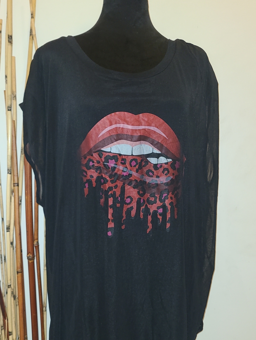 Ashley Stewart Black Tee with Red Leopard Drip Lip Graphic